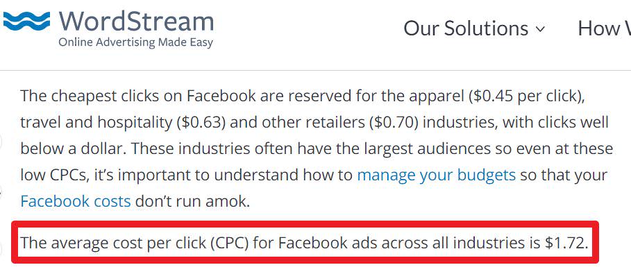 根据WordStream网站分析，Facebook(Instagram)广告平台的平均投放CPC大约是美金1.72元，换算新台币约48.1元。