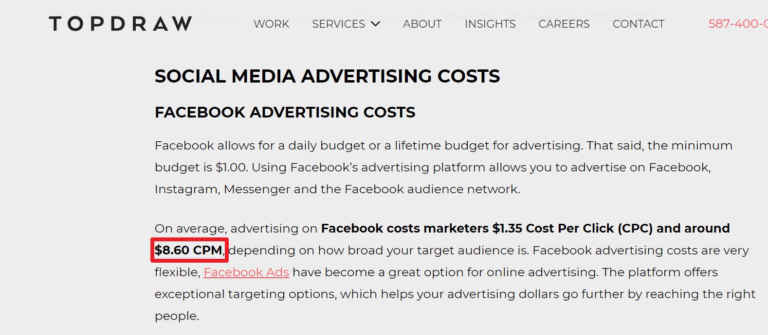 根据TOPDRAW网站分析，Facebook(Instagram)广告平台的平均投放CPM大约是美金8.60元，换算新台币约240.73元。